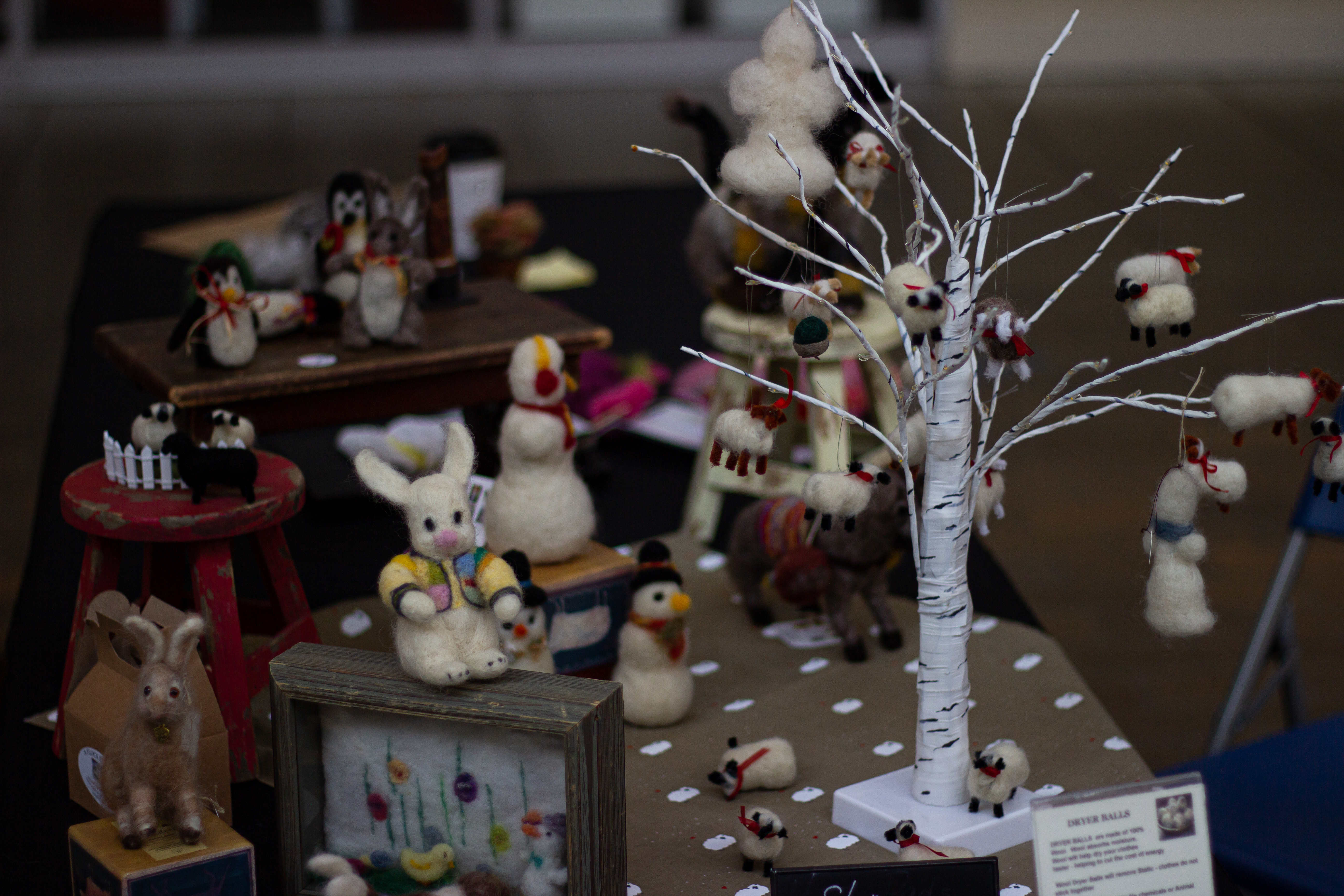 A closer look at the handmade items of Joellyn Cobb. In view is a donkey, bunnies, sheep, snowmen, and penguins. Photo by Jorge Murga.