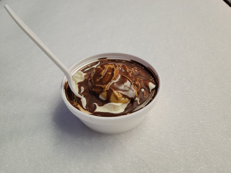 Chocolate crackle sundae in a small cup with peanut butter underneath the crackle layer. Photo by Matthew Macomber.