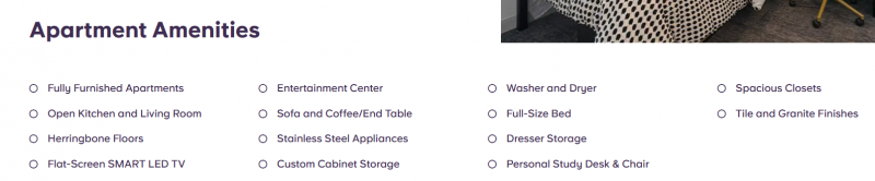 Screenshot from a website that offers a list of amenities. It has a white background and dark gray type. Screenshot from Gather website.