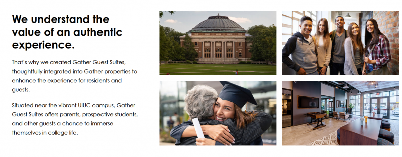 A screenshot from a website, with photos of Foellinger Auditorium, a woman in a graduation cap and gown hugging an older woman, a group of students standing and posing for a photo, and a lobby with various tables and chairs. Screenshot from Gather website.