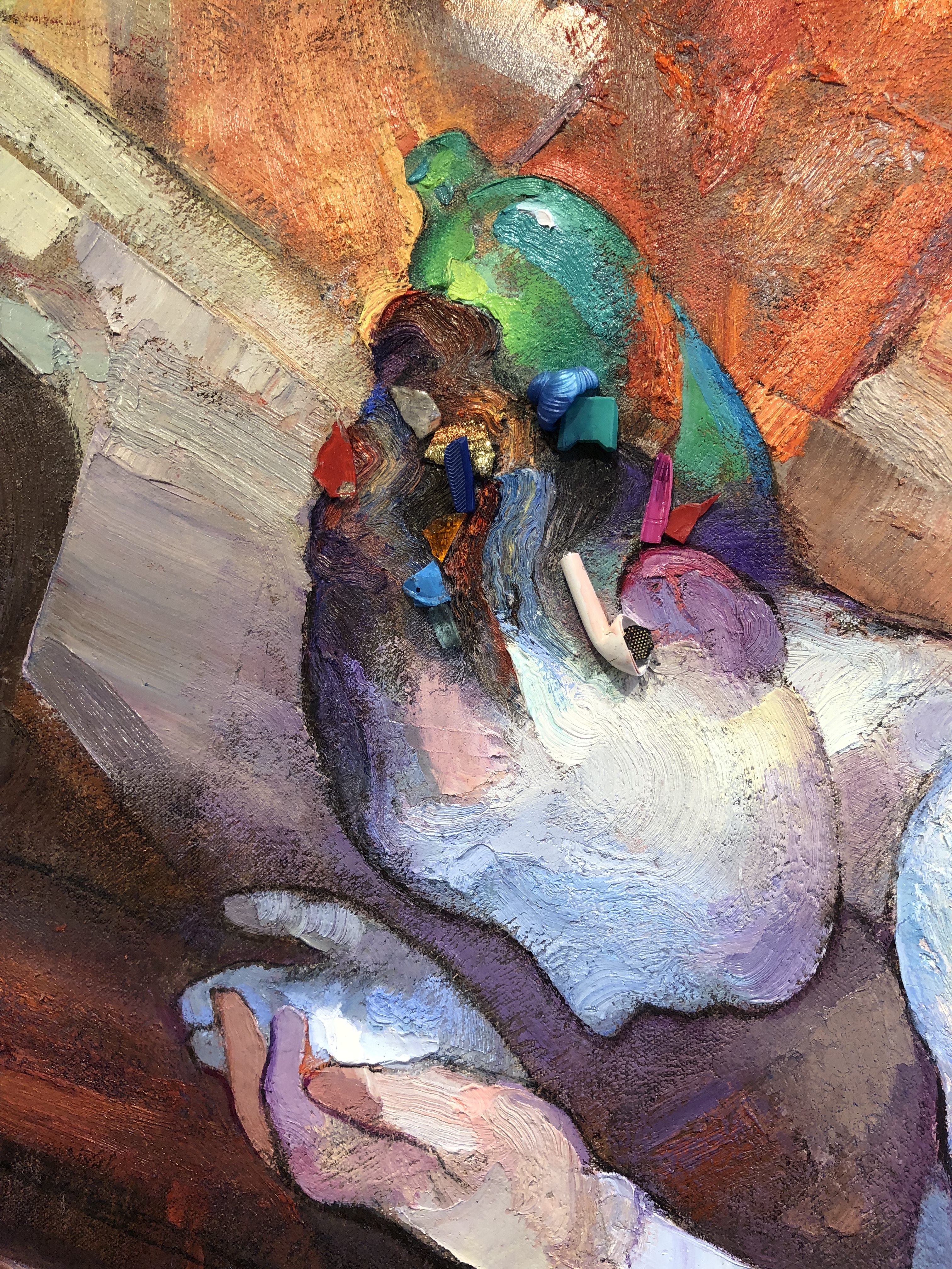 Close-up of the figure in the painting to reveal the mixed media that makes up her hair, and the Airpods in her ear.