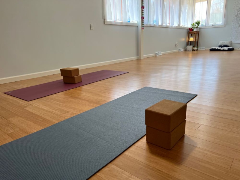 A long, mostly empty room with wood flooring. There are two yoga mats stretched out, each have two yoga blocks beside them. Photo by Julie McClure.
