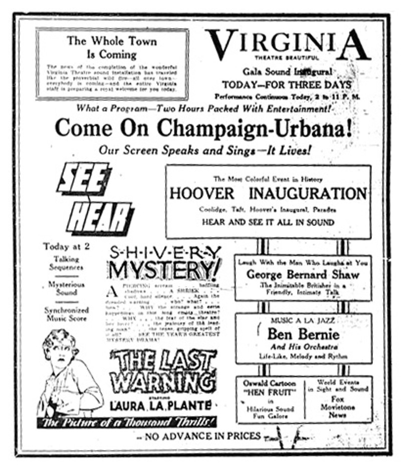 A white flyer with black type announcing the inaugural films with sound at the Virginia Theatre. Image from Champaign County History Museum. 