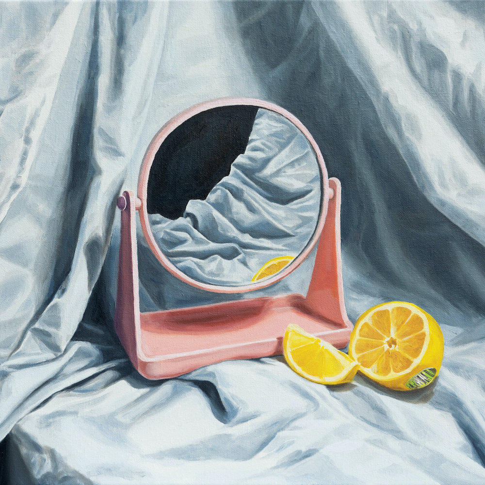 Album cover of Nectar's album No Shadow. A hand painted cover, featuring a mirror and a lemon displayed on a grey fabric backdrop. 