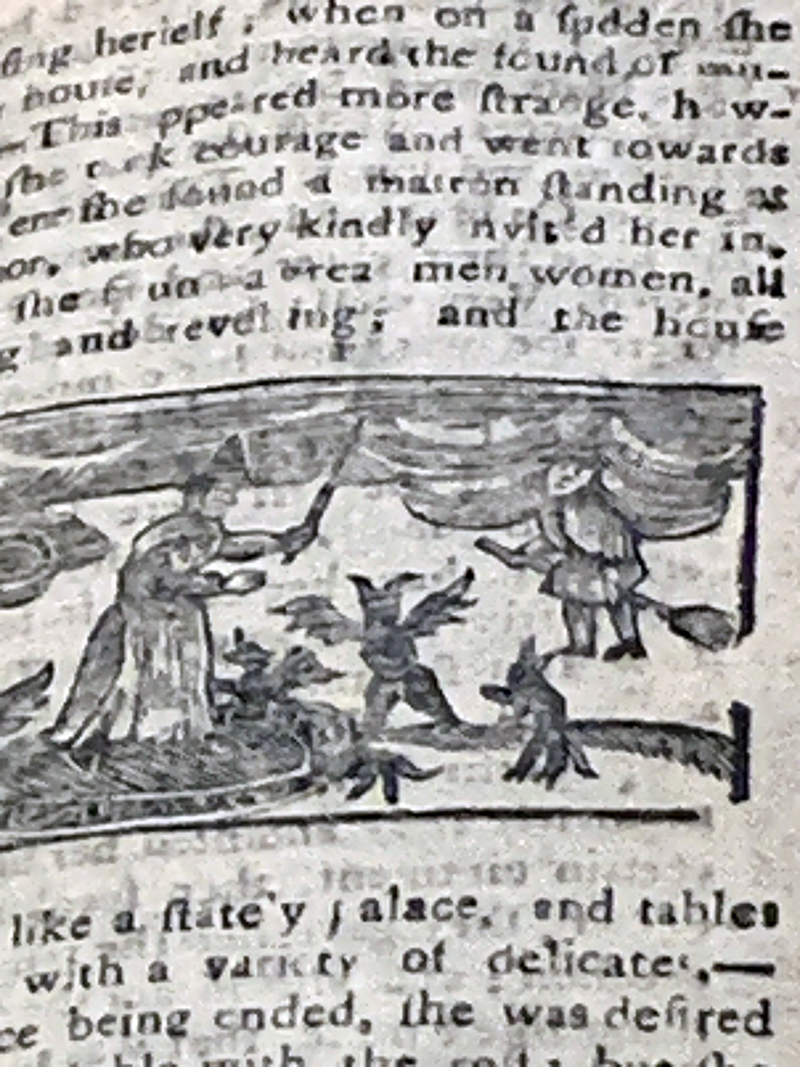 Close up of page from the Compendium Maleficarum showing witch holding wand over seemingly demonic flying creatures.