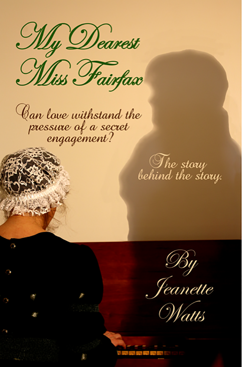 Illustrated book coverage of Dearest Miss Fairfax featuring text, an image of woman in period dress, and a silhouette of a man. 