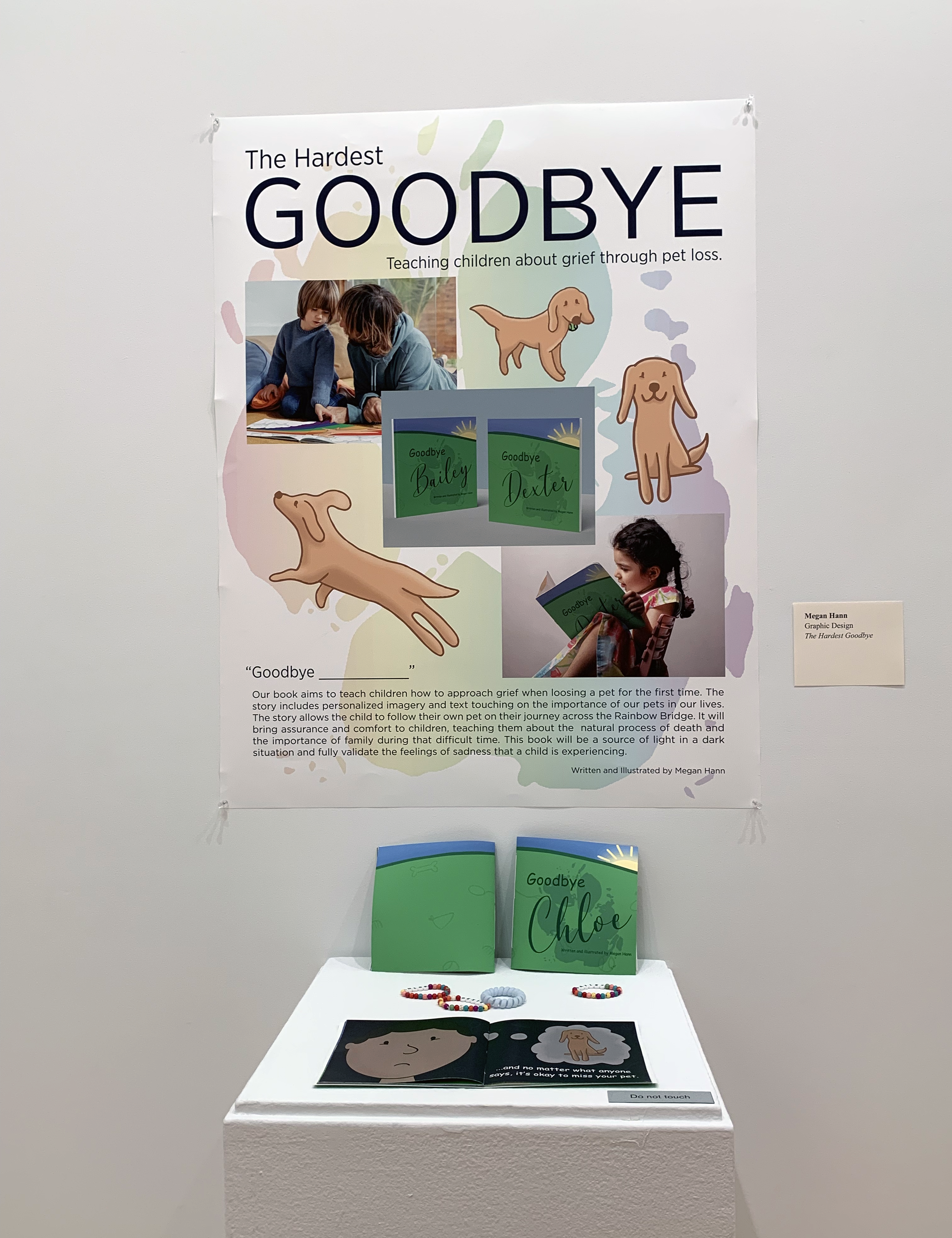 Poster and book samples explaining The Hardest Goodbye project for kids.