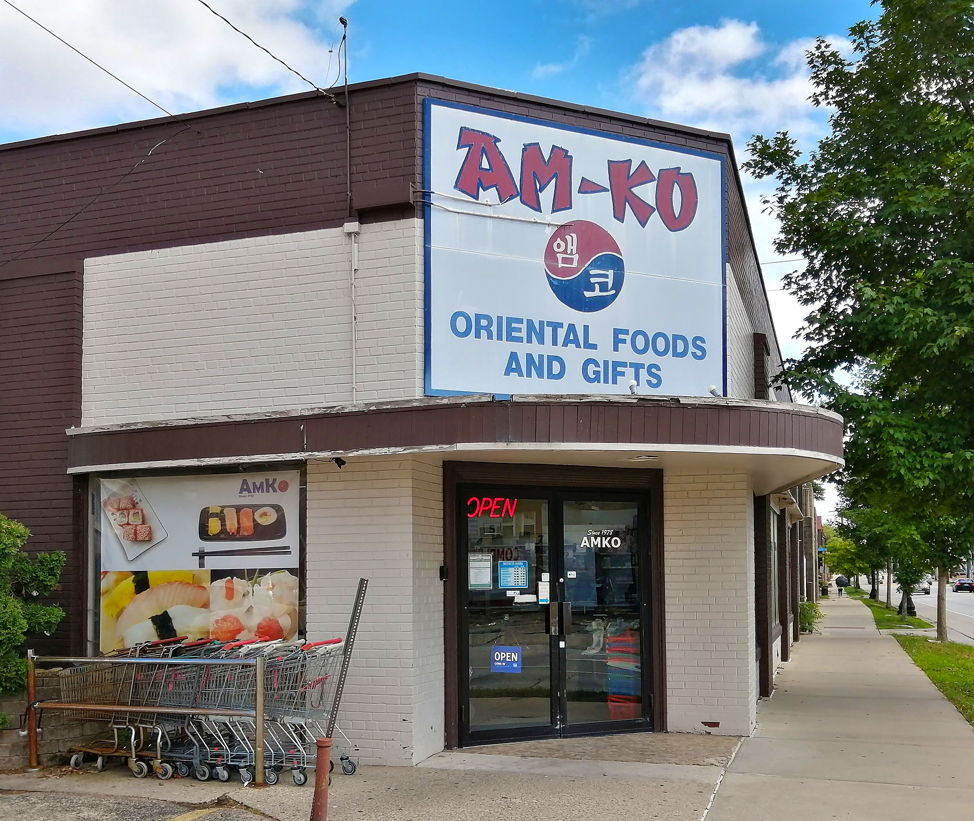 A corner grocer storefront with a large sign depicting â€œAM-KO ORIENTAL FOODS AND GIFTSâ€; a red neon sign spelling out â€œOPENâ€ is also prominently visible. Photo by Paul Young.
