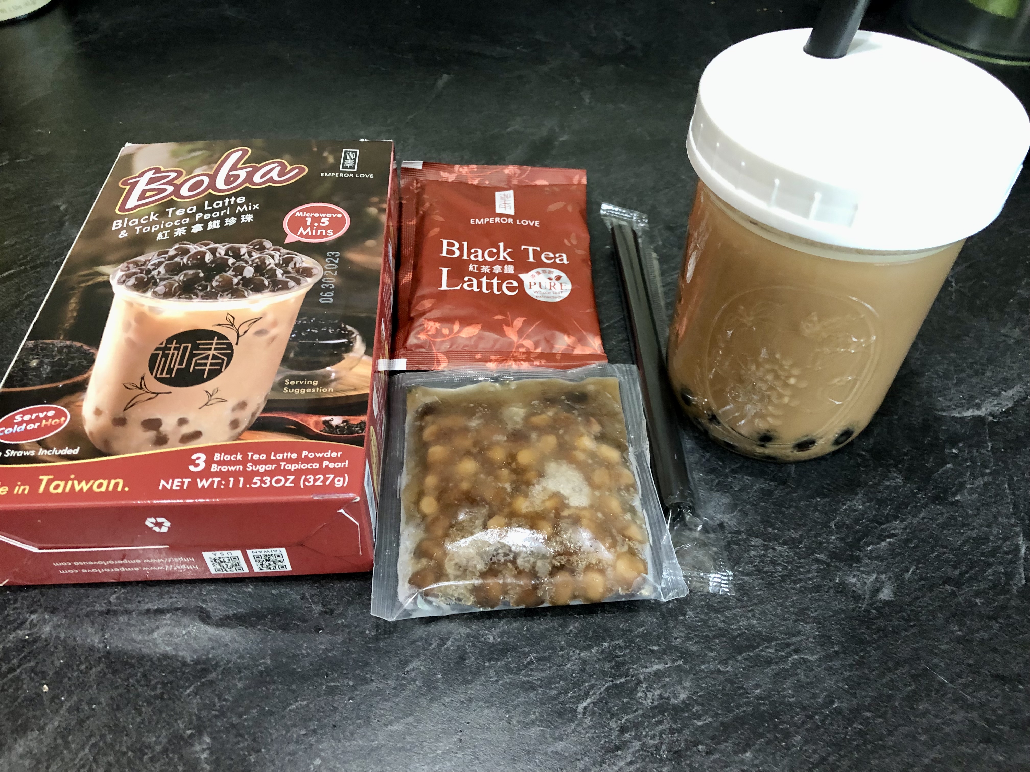 An opened package of the black tea latte and tapicoa pearl mix. Photo by Xiaohui Zhang.