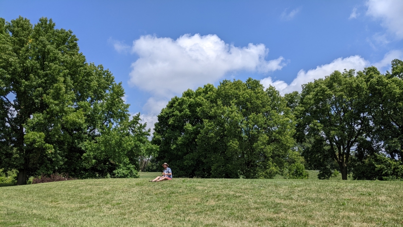 In the distance, A man is sitting on a small grassy hill. There are large trees behind him. Photo by Andrea Black.
