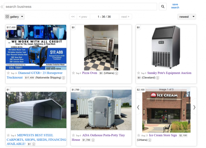 A screen shot of items from a Craiglist page, including a pizza oven, ice cream store sign, steel carport, and porta-potty. Screen shot from Craigslist.