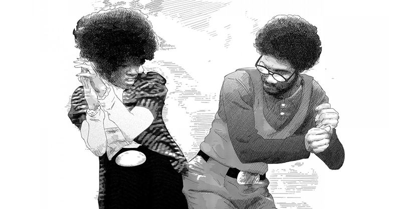 Grayscale image of Black woman and Black man in 70s style clothes and Afros doing the Bump. 