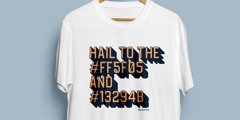 White t-shirt featuring the hex color codes for Illini blue and orange.