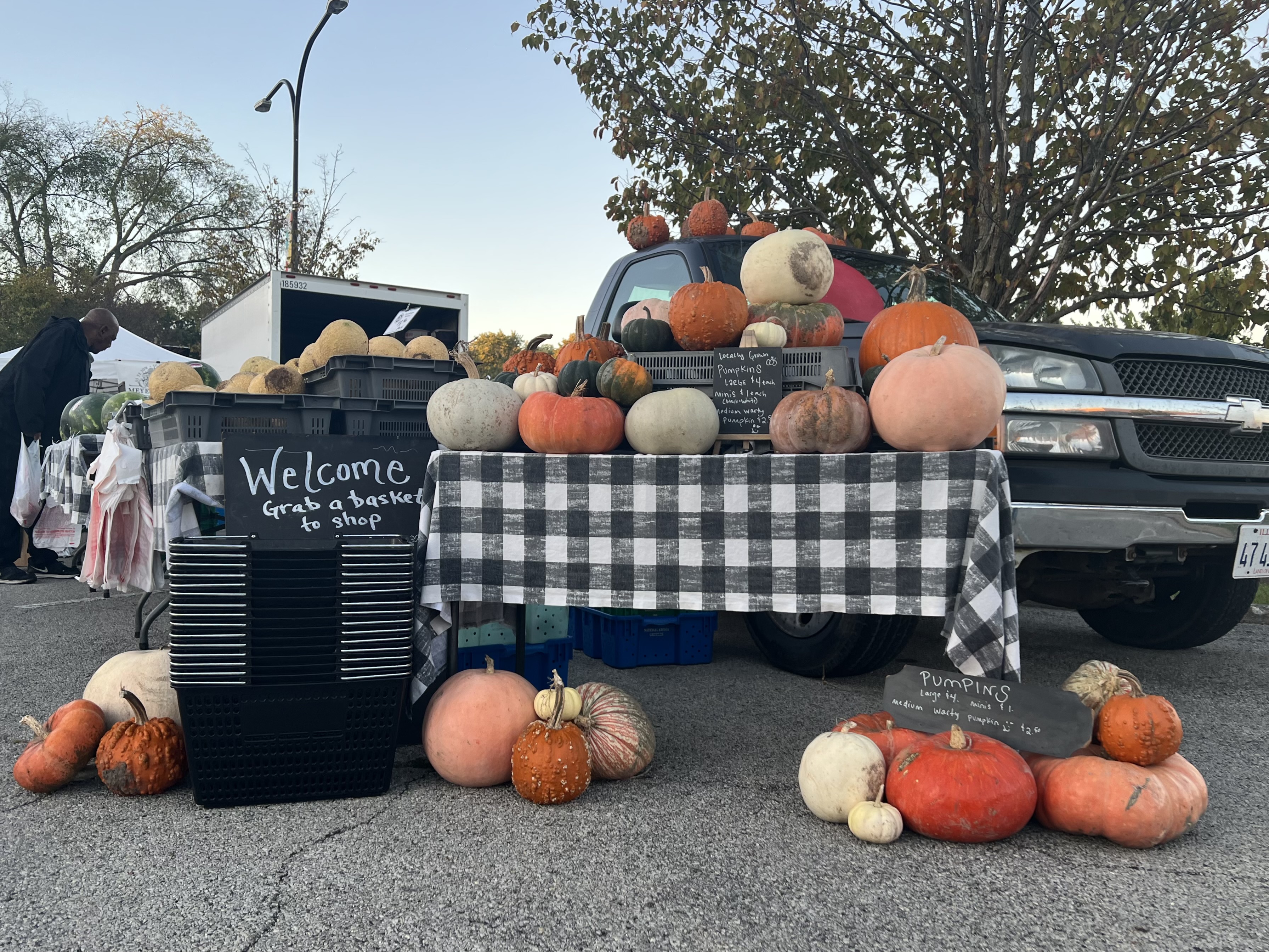 On a table, there is a fall assortment of pumpkins plus black shopping baskets for market shoppers. Photo by Alyssa Buckley.