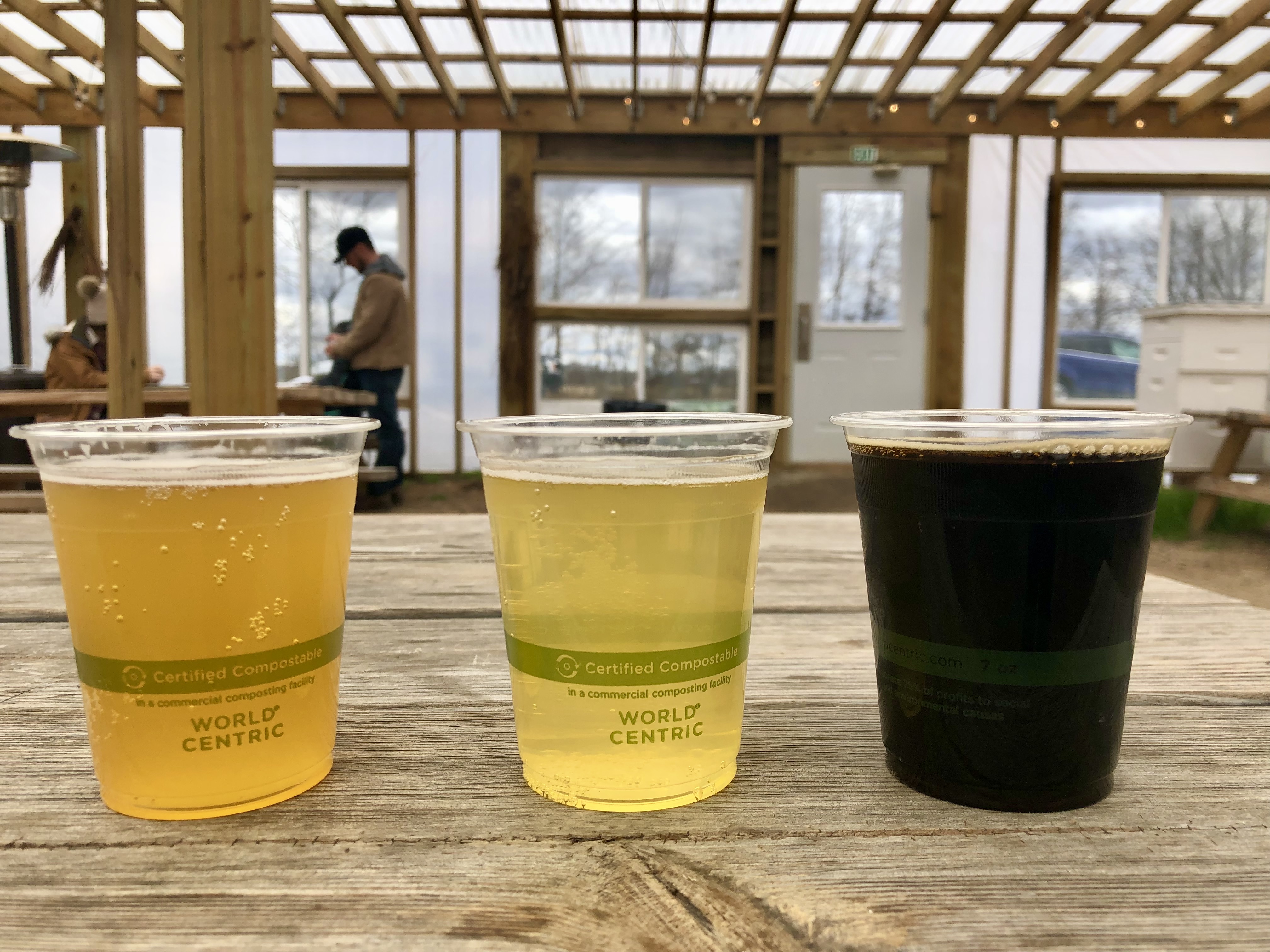 Three beers served in clear plastic cups are on a wooden picnic table. On the left is a light, yellow-amber colored beer. In the center is a very light yellow beer. On the right is a dark brown beer. Photo by Yobu (Arthur) Zou.