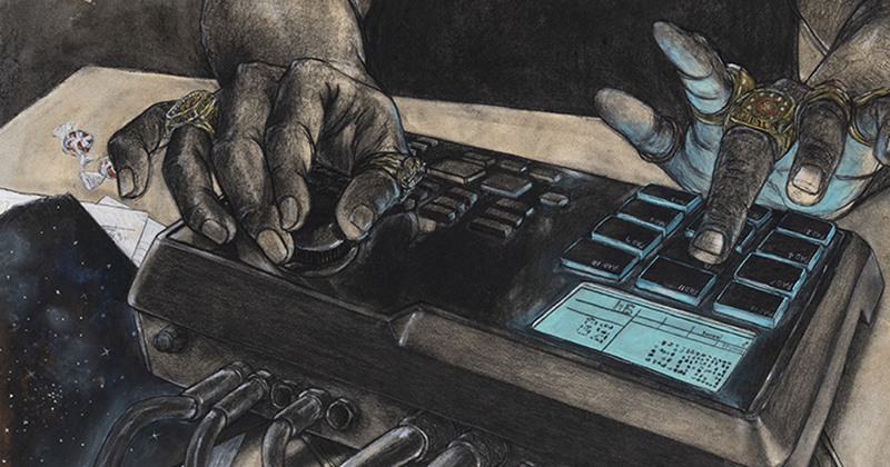 Close crop of image showing a pair of Black jeweled hands on working a mixing board. 