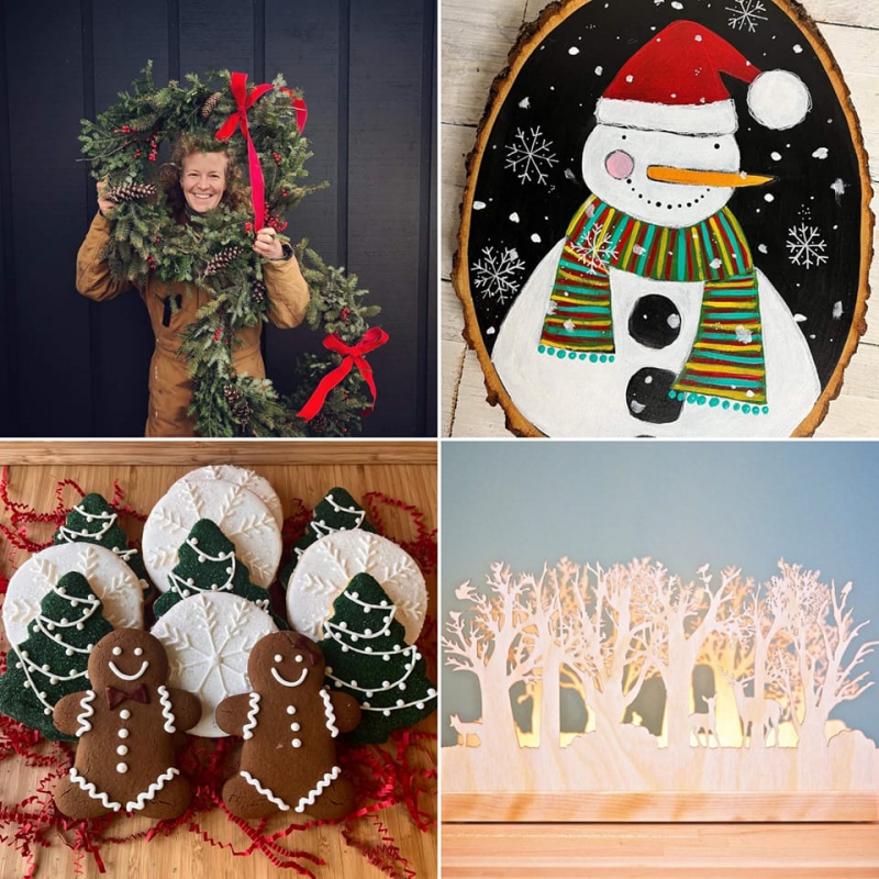 Four image squares: A woman holding an evergreen wreath with her head in the center, a snowman painted on a piece of wood, a batch of decorated sugar cookies decorated as snowflakes, Christmas trees, and gingerbread men, and a wood carving of winter trees. Image from Mistletoe Market Facebook page. 