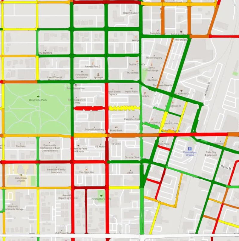 Chris Sokolowski A screenshot of the downtown Champaign area with road segments colored by their pavement condition index grade. Green represents good quality and red represents poor quality. Compiled by Chris Sokolowski. Image from CU Citzen Access website. 