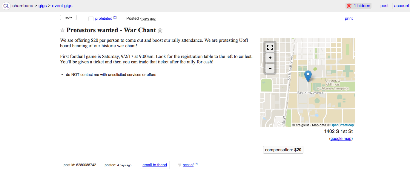 This Craigslist “human” will give you $20 to protest the “War Chant” banning this Saturday