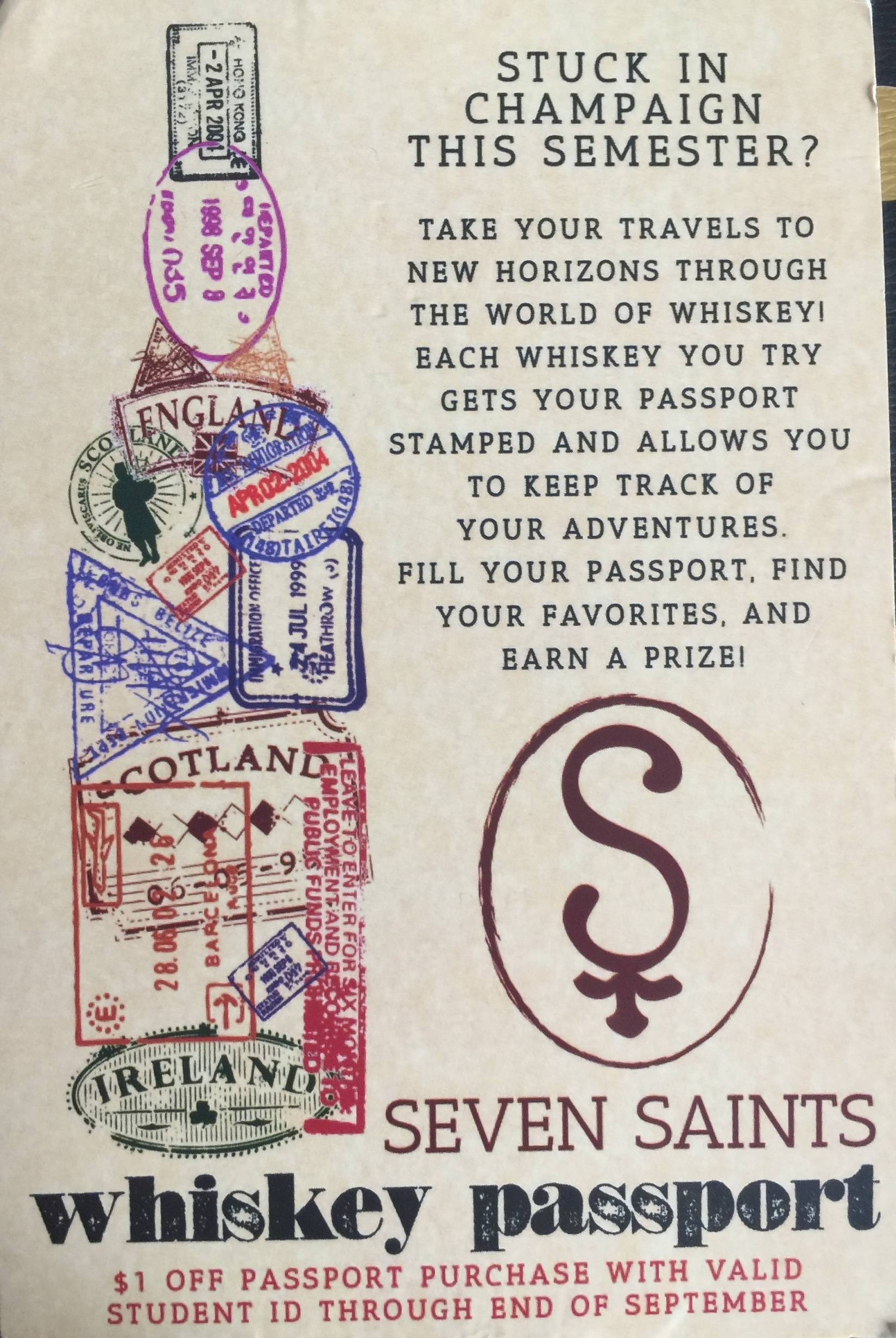 Seven Saints offering Whiskey Passport for students (of age, of course) this month