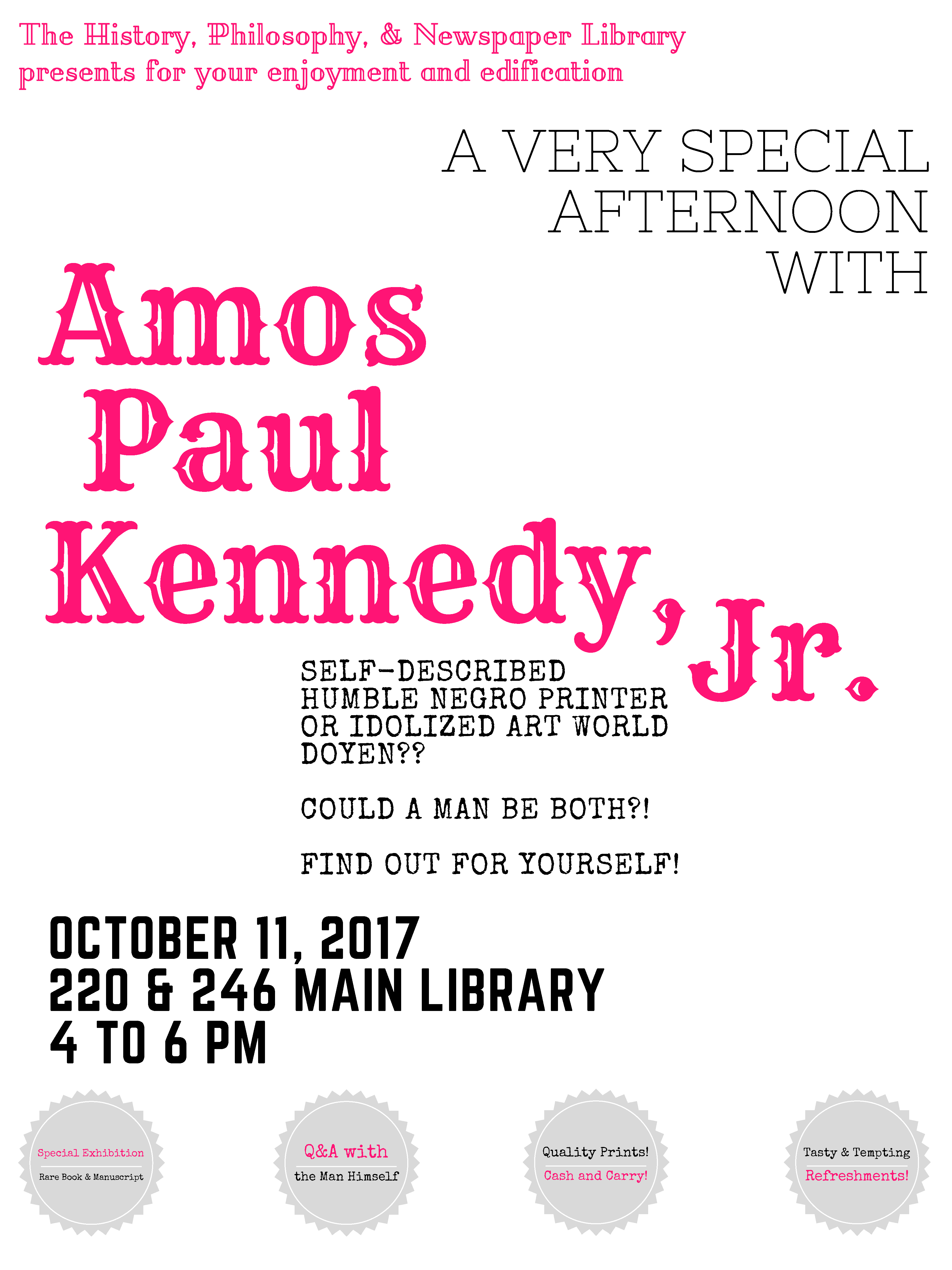 Amos Paul Kennedy, Jr. appearing at Main Library October 11th