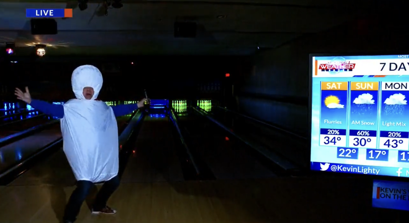 WCIA weatherman rolls strike on live television dressed as bowling pin